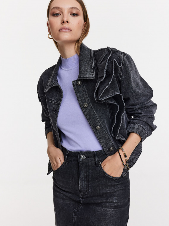 Graphite denim jacket with ruffle