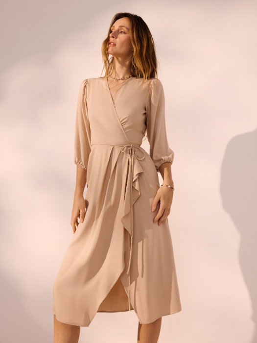 Silky Viscose Tencel Drape-Neck Dress