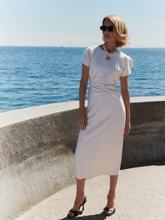 Powder pink midi dress with puff sleeves