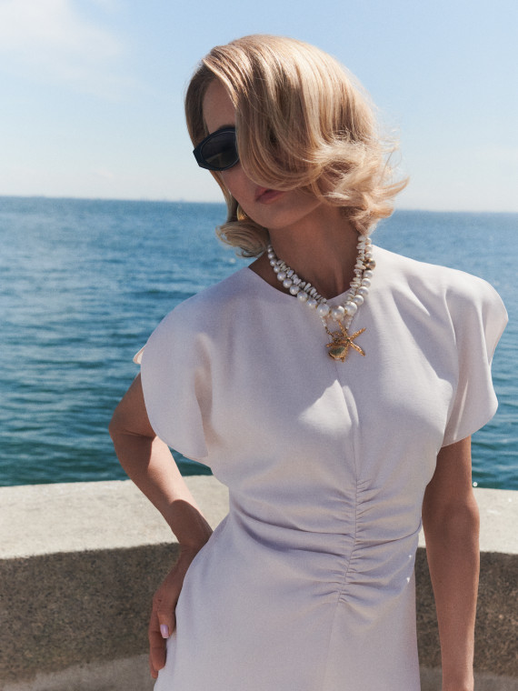 Powder pink midi dress with puff sleeves